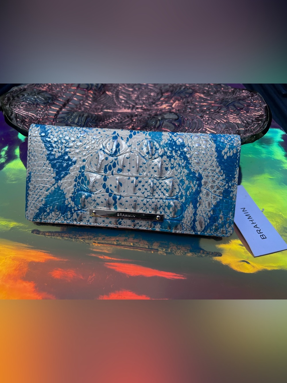 NWT Brahmin Ady Teal & White Leather Wallet in Mesmerized Melbourne